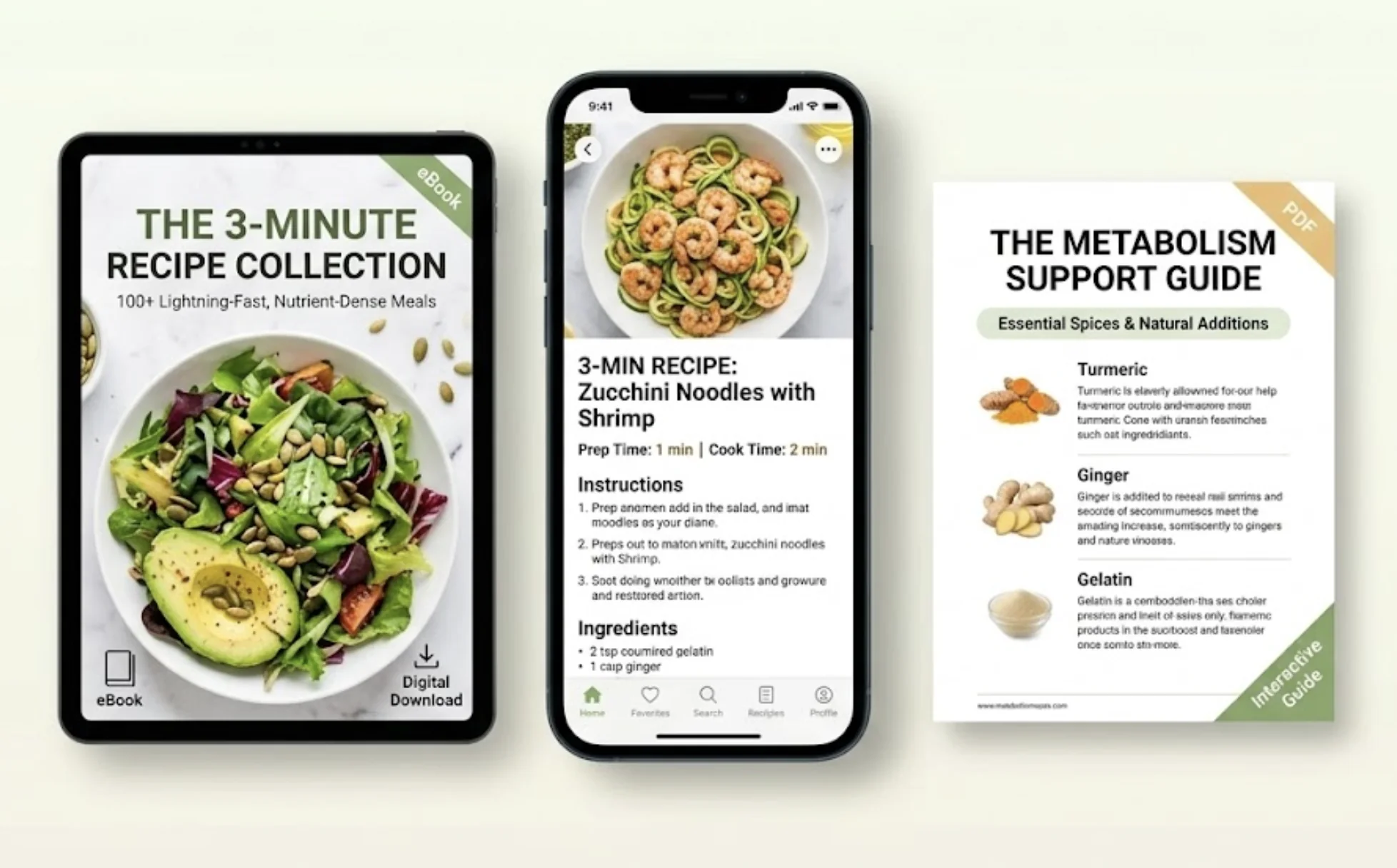 Digital product mockups featuring a recipe book, grocery planning lessons on phone, and PDF guide.